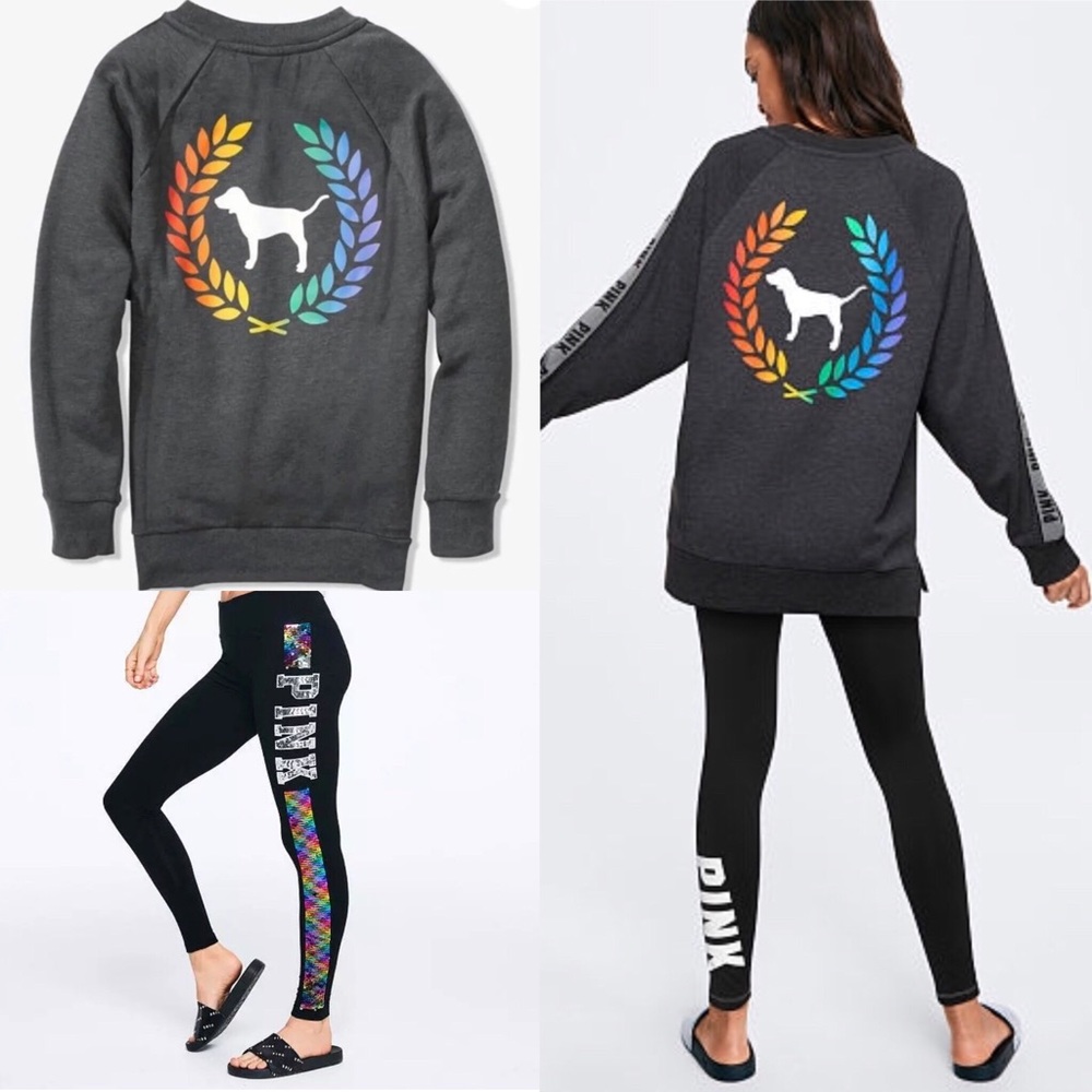 NEW VS PINK RAINBOW CREW AND SEQUIN LEGGINGS XL